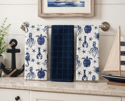 Summer Kitchen Pot Holder Oven Mitt Dish Towel Set: Fun Navy White Coastal Design, 5 pc Set (Coastal Blue) - color: Coastal Blue