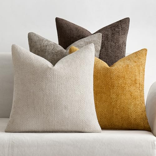 MIULEE Decorative Chenille Fall Pillow Covers Gold Brown 16x16 Pack of 4 | Rustic Home Decor, Earth Tones Set, Couch Throw Pillows, Farmhouse Boho Cushion Covers for Sofa Bed Living Room - color: Neutral Gold/Brown, size: 16" x 16" (Pack of 4)