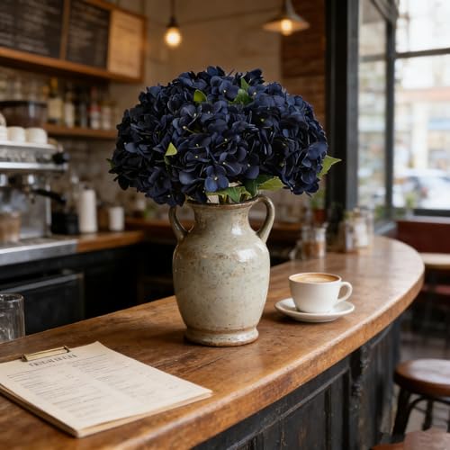 Kimura's Cabin 6pcs Navy Blue Hydrangea Artificial Flowers Silk Hydrangeas | Fake Hydrangeas with Stems Faux Flower,wedding Bouquet Arrangement Halloween Home Party Table Centerpieces Decor Vase Filler - color: Navy Blue
