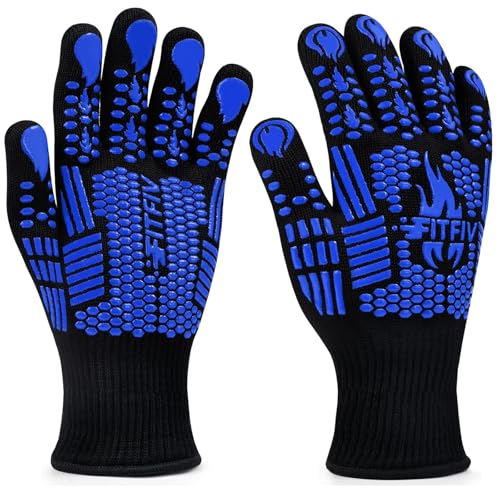 BBQ Gloves, 1472°F Heat Resistant with Silicone Grip Oven Mitts | Non-Slip Grip, for BBQ, Grilling, Oven, Smoker, Cooking and Baking - color: Blue, size: Short (Glove L 11.51" × Palm W 6.33")