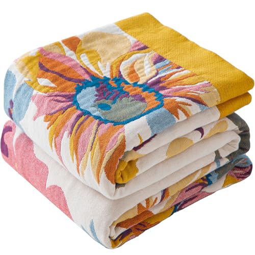 Phuryllic Boho Throw Blanket Twin Size, Soft Cozy Cotton Muslin Quilt Blanket for Bed Decor, Floral Patterned Couch Sofa Chair Cover, Vintage Farmhouse Cottage Tapestry Woven Blanket, Yellow&Blue - color: Summer Dance, size: 60" x 80"