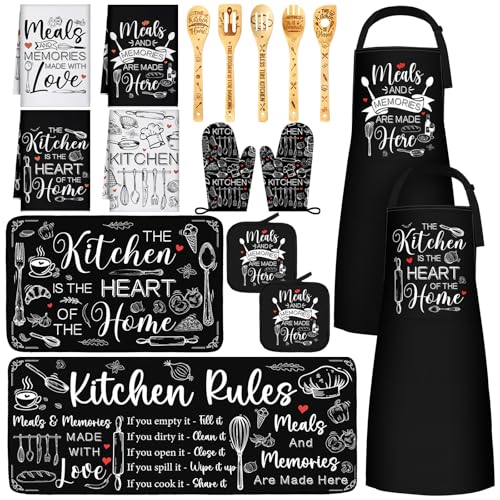 Bencailor 17 Pcs Black and White Kitchen Decor and Accessories Black and White Kitchen Rug and Mat Oven Mitts and Pot Holders Apron Dish Towels Cute Wooden Spoons for Home Decor Housewarming Gifts - color: Black