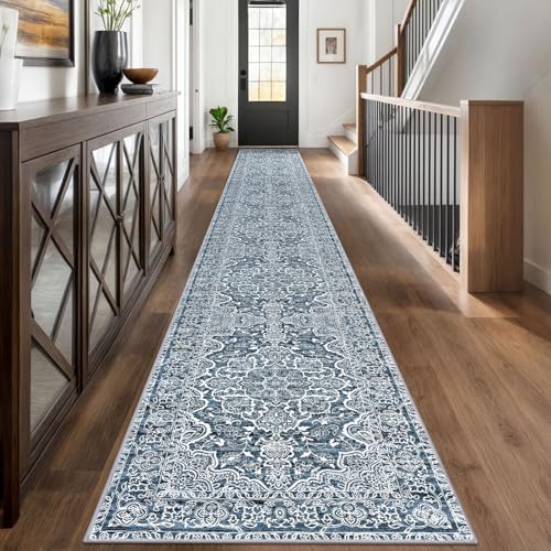 KUTA Vintage Extra Long Runners for Hallways 2.6x18ft Washable Blue White | Non-Slip, Non-Shedding, Low Pile, Easy Clean Distressed Flower Rugs For Kitchen Stair Entryway Bedroom Laundry Foyer - color: Blue Floral, size: 2'7" x 18' (Runner)