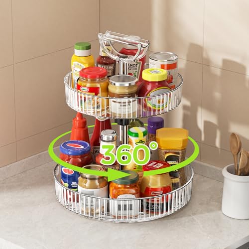 YCIA&DONE Premium 2-Tier Adjustable Lazy Susan Turntable Organizer 12 Inch Rotating Spice Rack for Cabinet, Kitchen Pantry Condiment Organizer with Deep Baskets and Handle, Transparent - color: Transparent