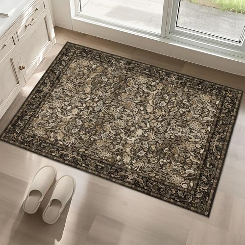 Brown Washable Entryway Rug Indoor: Vintage Floral 2x3 Rug for Kitchen Bathroom Bedroom - Soft Floor Mat Stain-Resistant Machine Washable Thin Low Pile Pet Friendly - color: Brown and Gold, size: 2' x 3' (Rectangular)