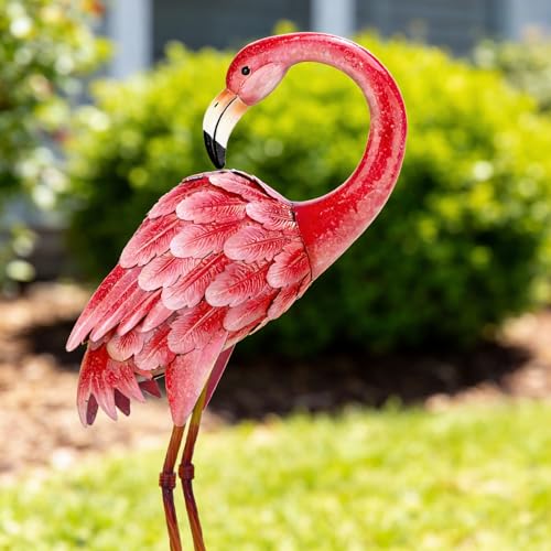 Shorayn Garden Statue Metal Flamingo Pink Life-Size Indoor Outdoor Decor Handmade Bird