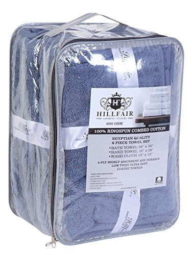 Hillfair Premium 600 GSM 6 Piece Cotton Towel Set - 2 Bath Towels, 2 Hand Towels, 2 Washcloths - Blue - Machine Washable, Hotel Quality, Super Soft & Highly Absorbent - color: Wedgewood Blue, size: 6 Piece Towel Set
