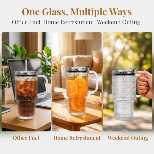 4 Pack Glass Tumblers, 17 Oz Drinking Glass Mugs | Reusable Iced Coffee Cups with Handle, Lid, Straw and Brush, Diamond Pattern Mugs for Cold Hot Beverages Smoothies