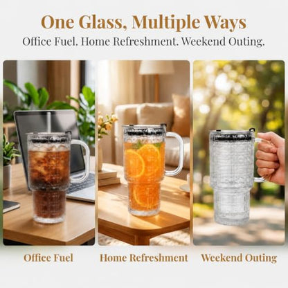4 Pack Glass Tumblers, 17 Oz Drinking Glass Mugs | Reusable Iced Coffee Cups with Handle, Lid, Straw and Brush, Diamond Pattern Mugs for Cold Hot Beverages Smoothies