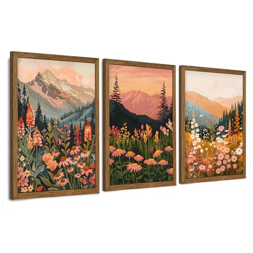 WRFON Botanical and Flower Canvas Wall Art, Framed Mountain Landscape Wall Art Set of 3, Wildflower Meadow Canvas Print, Rustic Nature Decor for Living Room Bedroom Cabin Lodge Farmhouse Decor, 16x24 - color: Mountain Landscape(Framed), size: 24"L x 16"W