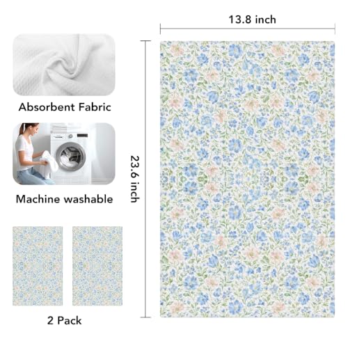 jeilink Blue Pink Floral Kitchen Towels, Set of 2 Dish Towels for Kitchen | Pastel Coquette Flower Soft Absorbent Decorative Tea Hand Towel for Home Dining Room Restaurant Cooking, 13.8 x 23.6 Inch