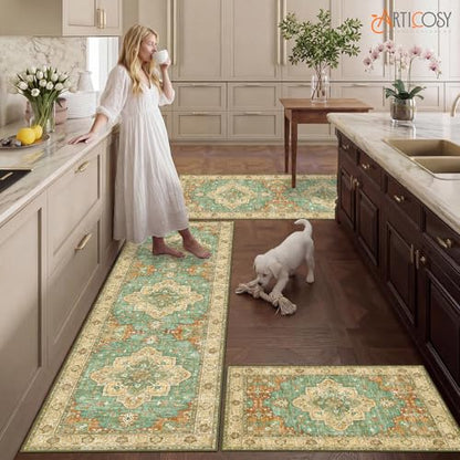 3 Piece Kitchen Rugs Sets with Runner, Washable Non Slip Soft Boho Kitchen Mats, Low Pile Stain Resistant Carpet for Hallway, Laundry Room, Entryway(20"x32"+20"x48"+20"x59", Brick Brown Green) - color: Brick Brown Green