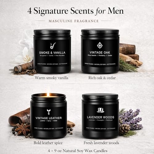 Scentes Candles Set for Men, 4 Pack Mens Masculine Soy Candles, Leather, Smoke, Oak & Lavender Scents, Aromatherapy Candle Gift Set for Dad, Husband, Boyfriend, Birthday, Him - size: 4 Pack