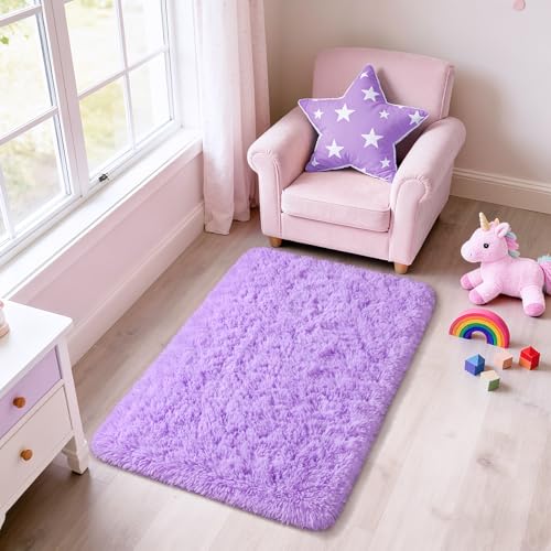 Fluffy Rug Shaggy Area Rug, Purple 2x3 Small Rugs for Bedroom, Mini Fuzzy Plush Kids Bedside Rug, Soft Non-Slip Entryway Throw Rugs Shag Catpet for Living Room Nursery Room Home Decor - color: Purple, size: 2' x 3' (Rectangular)