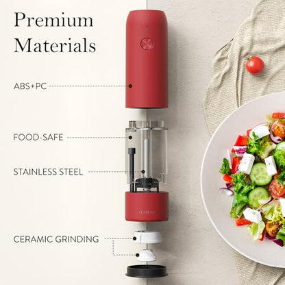Ultrean Pepper Grinder, Rechargeable Salt and Pepper Grinder with 6 Adjustable Coarseness, LED Light, Automatic Salt and Pepper Shakers, Cooking Gifts Valentines Day Gifts for Women, Crimson Red - color: Crimson Red
