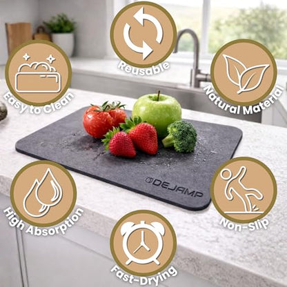 Stone Bath Mat Set - Diatomaceous Earth Bath Surface 24x15 Inches - Stone Kitchen Mat 18x14 Inches - Quick Drying Bathroom Floor - Absorbent Non SLP - 2 Pack for Bathroom and Kitchen - Grey