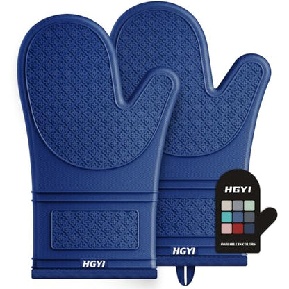Silicone Oven Mitts, Heat Resistant Oven Gloves with Quilted Liner, Waterproof & Non-Slip Kitchen Mittens for Baking Cooking BBQ, 500°F, 12.5"-Madnight Blue - color: Madnight Blue