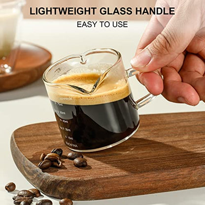 PARACITY Espresso Measuring Cup, 2.5 oz Double Spout Glass with Handle | Borosilicate body has dual scales and a V-shaped mouth for precise pouring while measuring espresso shots and coffee drinks - size: 2.5 Ounces