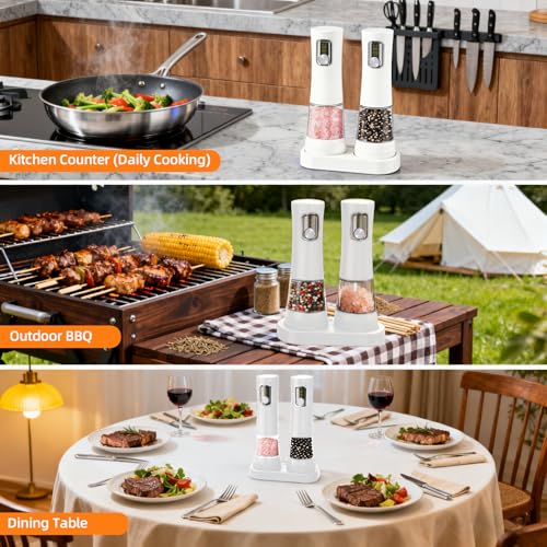 Electric Salt and Pepper Grinder, Rechargeable Automatic Pepper Mill with Base,5-Level Adjustable Coarseness, Display, LED Lighting, Large Capacity-Ideal for Kitchen, BBQ Gifts (1, White-A) - color: White-A