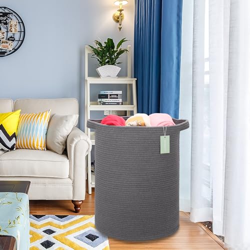 Cotton Rope Blanket Basket, 72L Tall Laundry Hamper, Dark Gray | 16"x 22", Large Collapsible Woven Nursery Hamper with Sturdy Handles for Clothes Toys Towels, Bedroom Living Room Bathroom - color: Dark Gray, size: 72L (16"x22")