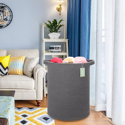 Cotton Rope Blanket Basket, 72L Tall Laundry Hamper, Dark Gray | 16"x 22", Large Collapsible Woven Nursery Hamper with Sturdy Handles for Clothes Toys Towels, Bedroom Living Room Bathroom - color: Dark Gray, size: 72L (16"x22")