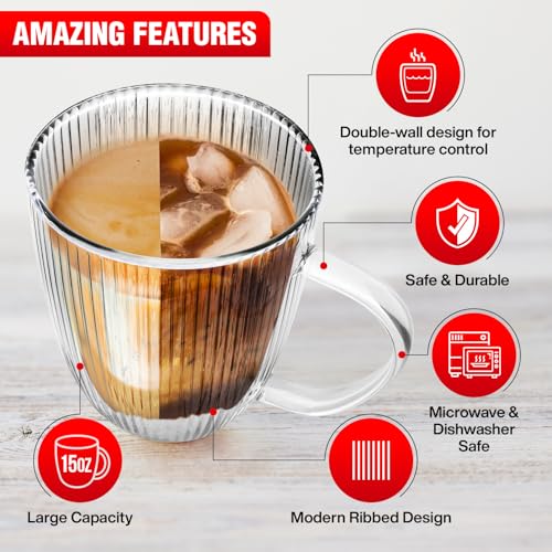 Jayour Fluted Double-Wall Glass Coffee Mugs | 15oz Latte & Cappuccino Mugs | Modern Ribbed Design - Set of 4