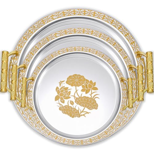 3 Pack Metal Serving Trays with Handles, Decorative Floral Platter Trays for Coffee Tea, Food, Dessert, Jewelry, for Buffet Wedding Party Kitchen Home Decor(Cute,Silver, Gold) - color: Silver, Gold, style: Cute