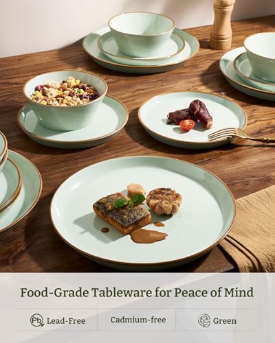 Famiware Saturn Dinnerware Sets, Ceramic Dishes for 4, Rimmed Plates, Bowls | Light Green, 12 pcs Microwave and Dishwasher Safe Stoneware, Chip & Scratch Resistant, Modern Rustic Tableware, Everyday Use - color: Light Green, size: 12