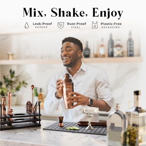 BARE BARREL® Mixology Bartender Kit Bar Set | 14-Piece Cocktail Shaker Set | Martini Barware Mixing Tools for Home Bartending | 35 Recipe Cards | Gift Set (24oz Cobbler Shaker, Copper/Black) - color: Copper/Black