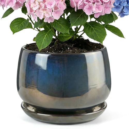 10.3 Inch Flower pots for Indoor Outdoor Plants with Saucer Drainage Leak-Proof Mesh, Ceramic Planter with Gardening Gloves for Succulent and Flower(Metallic Black) - color: Metallic Black, size: 10.3 Inch