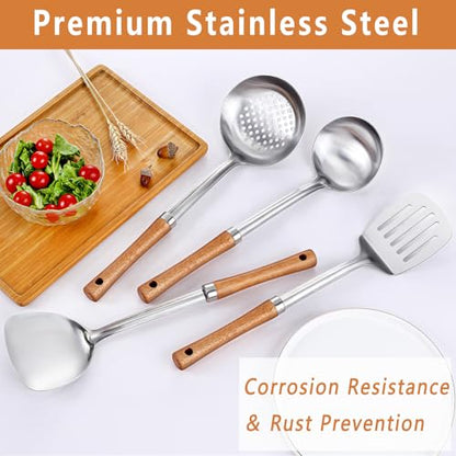 Pleafind 4-Pcs Cooking Utensils Set, Stainless Steel Kitchen Utensils with Wooden Handle, Kitchen Essentials Set Include Wok Ladle, Slotted Spoon, Wok Spatula and Slotted Spatula, Dishwasher Safe - color: 4P-Yellow