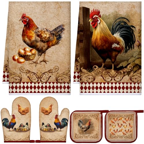 Leinuosen 6 Farm Rooster Farmhouse Kitchen Decor Dish Towels Oven Mitts and Pot Holders Sets Chicken Kitchen Towels Absorbent Decorative Accessories for Cooking Baking Grilling - color: Brown, style: Farm rooster