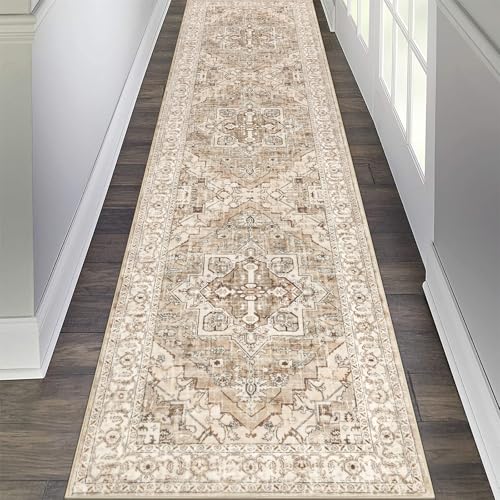 Pauwer Vintage Floral 2x8 Runner Rug, Non Slip Hallway Runner, Beige Brown | Machine Washable, Faux Wool, Low-Pile, Non-Shedding, Soft Distressed Floor Carpet For Entryway, Laundry, Bedroom, Kitchen - color: Beige Brown, size: 2' x 8' (Runner)