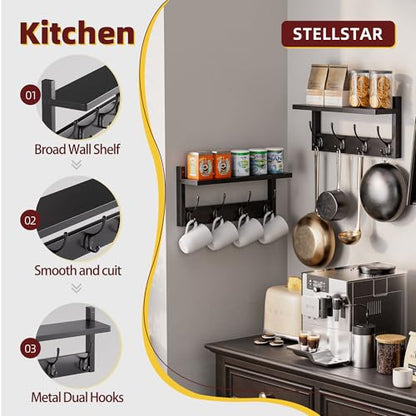 STELLSTAR Coat Rack with Shelf, 2 Pack Bamboo Wall-Mounted Coat Hanger with 8 Hooks for Entryway, Hallway, Kitchen, Bathroom, Living Room, Utility Room (Black) - color: Black