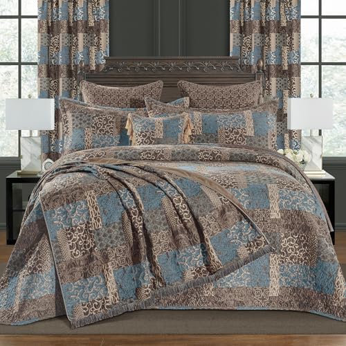 Loom and Mill Blue Patchwork Throw Blanket for Couch Sofa Bed, 52x72 Inches | Classic Thick Chenille Jacquard Bed Throws Soft and Cozy Velvet Fall Blankets with Fringes Trim for Couch Recliner Chair - color: Blue