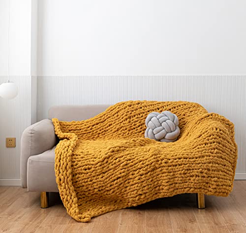 Chunky Knit Blanket Soft Chenille Yarn Knitted Throw Blanket 50"X60" Handmade Cable Warm Thick Giant Blanket for Couch Bed Trips (Turmeric Yellow, Throw 50"X60")?-¡­ - color: Turmeric Yellow, size: Throw 50"X60"