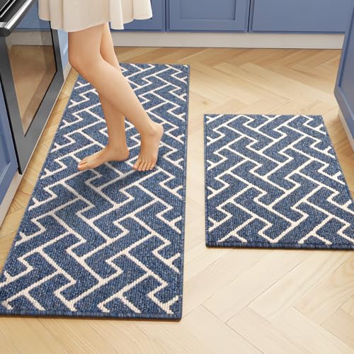 hicorfe Kitchen Runner Rug,Set of 2 Non Slip Kitchen Mats for Floor,Comfort Washabe Kitchen Rugs Carpet for Hallways Entryway Laundry Room(20"x32"+20"x48",Navy Blue) - color: Navy Blue, size: 20"x32"+20"x48"