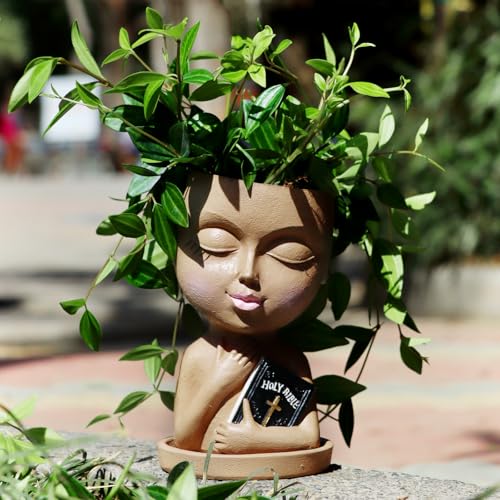 Face Planters Pots Head for Indoor Outdoor Plant Unique Head Planter Holding Book Confessional Girl Face Flower Pot with Drainage for Succulent Cactus String Of Pearl Plant Gift Idea (Khaki) - color: Khaki
