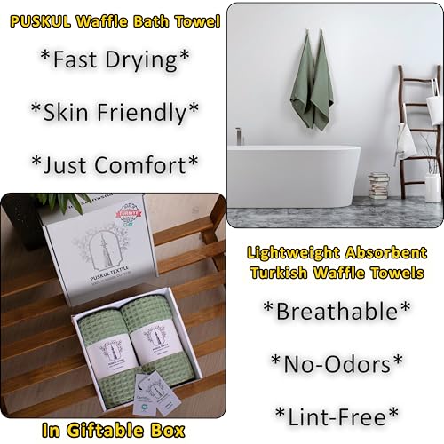 PÜSKÜL 2-Piece Natural 100% Turkish Cotton Waffle Bath Towels Extra-Large | Sage Green 32x63" Bath Sheet Towel, Light Soft Absorbent Quick-Dry Lint-Free Premium Honeycomb Weave Oeko-Tex Made in Turkiye - color: Sage Green