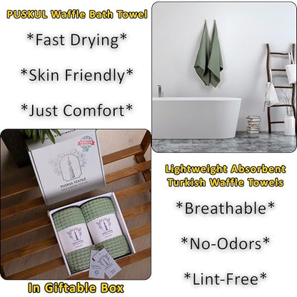 PÜSKÜL 2-Piece Natural 100% Turkish Cotton Waffle Bath Towels Extra-Large | Sage Green 32x63" Bath Sheet Towel, Light Soft Absorbent Quick-Dry Lint-Free Premium Honeycomb Weave Oeko-Tex Made in Turkiye - color: Sage Green