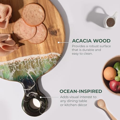 Acacia Wood Serving Board with Ocean Resin Art, 18.1" x 13" Charcuterie Cheese Tray for Display & Prep, Cutting Board on Back, Includes Stand & Loofah, Christmas Housewarming Gift (Round) - color: Round Cutting Board, size: Large