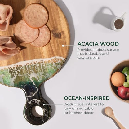 Acacia Wood Serving Board with Ocean Resin Art, 18.1" x 13" Charcuterie Cheese Tray for Display & Prep, Cutting Board on Back, Includes Stand & Loofah, Christmas Housewarming Gift (Round) - color: Round Cutting Board, size: Large