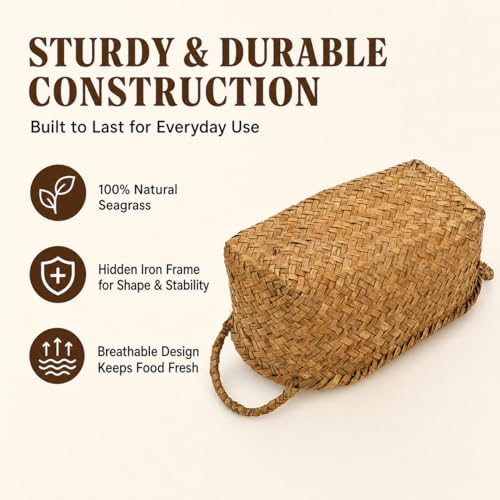 Elsjoy Set of 3 Woven Seagrass Baskets with Handles, Oval Wicker Woven Storage Baskets, Rattan Shelf Basket for Fruit, Bread, Kitchen