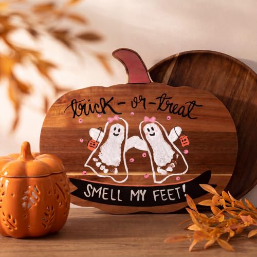 Baby First Halloween DIY Pumpkin Cutting Board | Trick or Treat Smell My Feet Halloween Footprint DIY Tray Ghost Footprint Pumpkin Cutting Board with 12 Color Paints Brushes - style: Halloween Ghosty Toes