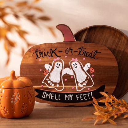 Baby First Halloween DIY Pumpkin Cutting Board | Trick or Treat Smell My Feet Halloween Footprint DIY Tray Ghost Footprint Pumpkin Cutting Board with 12 Color Paints Brushes - style: Halloween Ghosty Toes