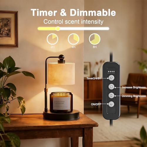 Candle Warmer lamp for 3 Wick Candles, Large Candle Warmer Lamp with Timer, Dimmable, Adjustable Height, Modern Farmhouse Linen Shade, Black Candle Warming Lamp, 2 Bulbs Included - color: Flaxen-Large
