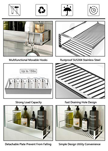 Bathroom Adhesive Shower Caddy Basket Shelf with Hooks, No Drilling Removable Bathroom Shelf Organizer,Stainless Steel Rustproof Shower Rack for Shampoo Storage, Sponge Holder-Silver - color: Silver