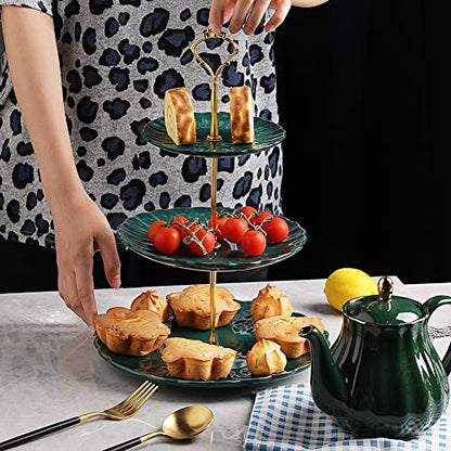 Sweejar 3 Tier Ceramic Cake Stand Wedding, Dessert Cupcake Stand for Tea Party Serving Platter (Jade) - color: Jade