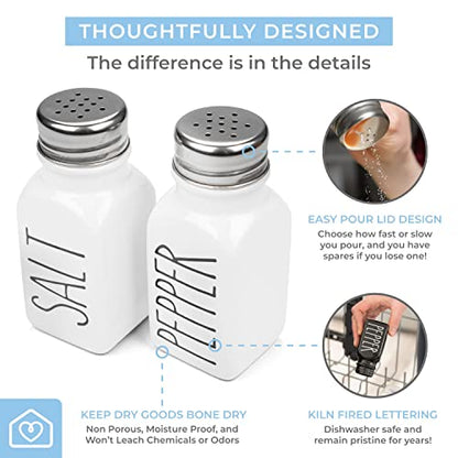 Farmhouse Ceramic Salt and Pepper Shakers Set with Extra Lids. 100% Stoneware Salt and Pepper Shaker Set. White Pepper and Salt Shaker with Lid x4. Kitchen Salt Pepper Shaker Set - color: White/White