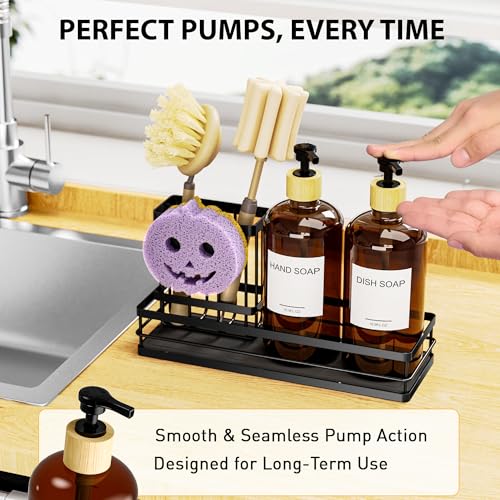 Moforoco Kitchen Dish Soap Dispenser Set, 16OZ Glass Bottle, Hand and Dish Soap Dispenser Set, Instant Dry Tray, Brush Holder with Smiley Face Sponge Holder (Black Tray+Amber Bottle+Labels) - color: Black Tray+amber Bottle+labels